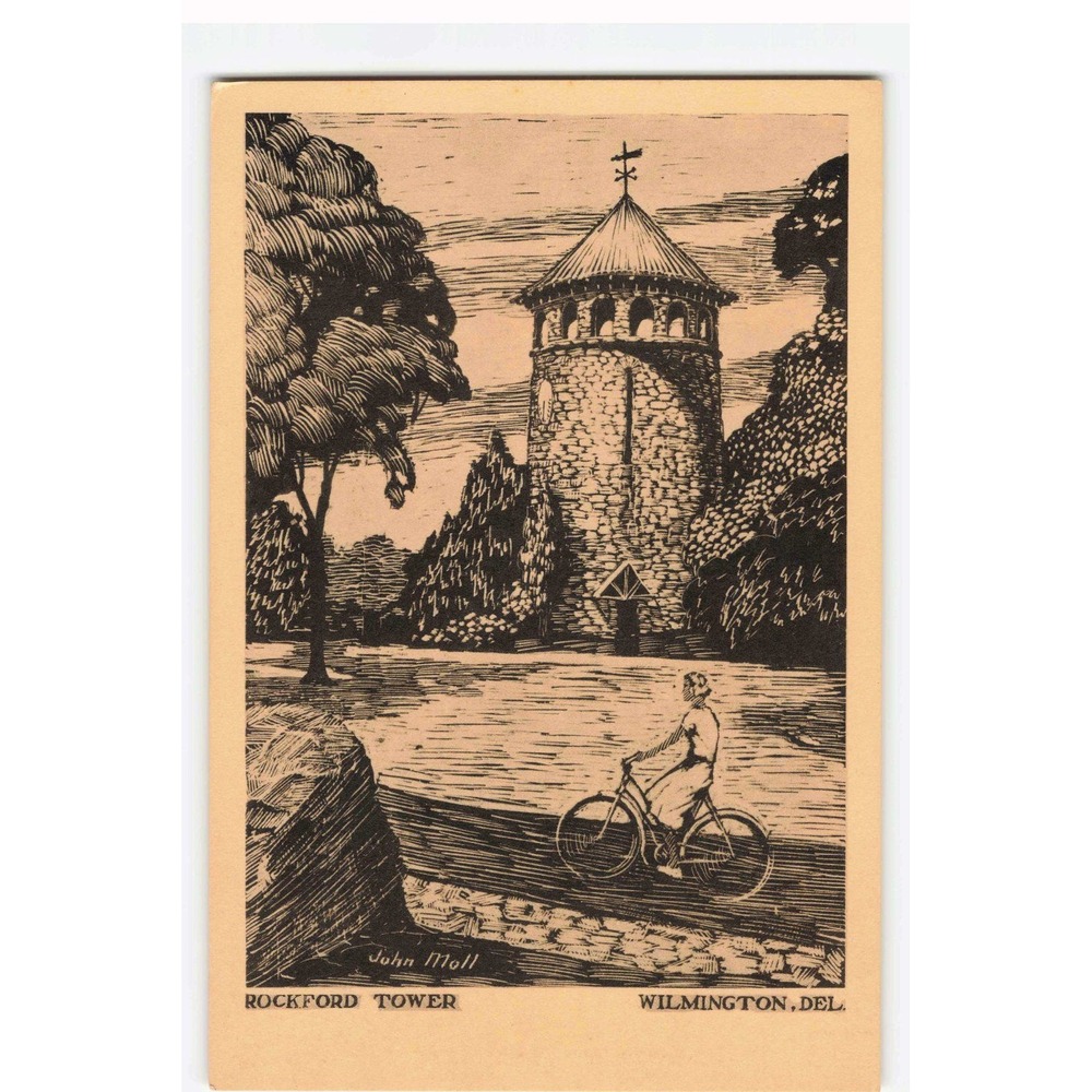 Rockford Tower Wilmington Delaware John Moll Artist Postcard Woodcut Style VG+